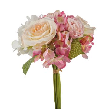 Artificial flower bouquet FOUDILA, roses, hydrangeas, cream-pink, 10"/25cm