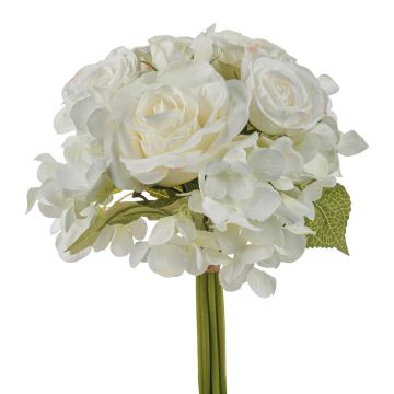 Artificial flower bouquet FOUDILA, roses, hydrangeas, white, 10"/25cm